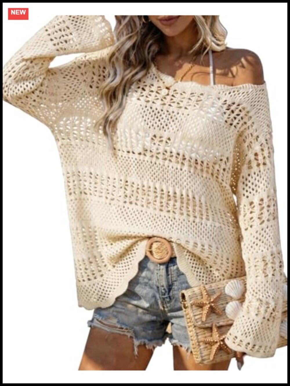 Women's Crochet Knit Long Sleeve Sweater Cover Up Beach Boho Top
